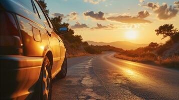 ai generado un coche conducción en un la carretera a puesta de sol. generativo ai foto