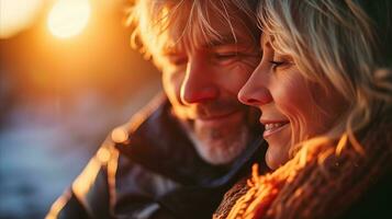 AI generated A couple smiling joyfully as they bask in the warm sunlight, radiating happiness and contentment. Generative AI photo