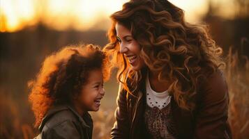 AI generated A mother and child happily smile in a field, enjoying the beauty of nature together. photo