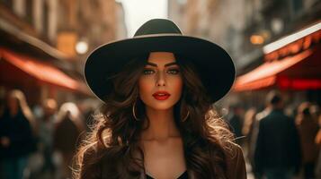 AI generated A stylish woman wearing a hat and black dress, walking gracefully on the street. Generative AI photo