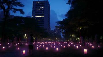 ai generado un grupo de personas en pie en un parque, participación velas, creando un sereno y pacífico atmósfera. foto