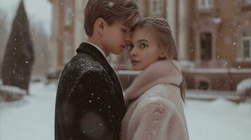 AI generated A couple embracing warmly in a snowy landscape. photo