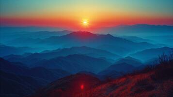 ai generado asombroso montaña puesta de sol con vibrante cielo y siluetas foto