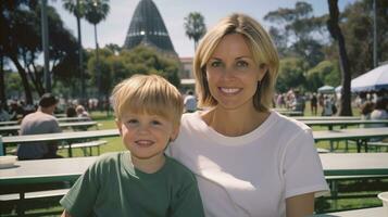 AI generated Mother and her child sitting at the table in a quiet park. photo