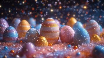 AI generated Colorful easter eggs glittering under magical starry sky photo