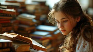 ai generado pensativo joven mujer rodeado por libros en biblioteca foto