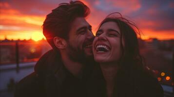 AI generated A couple embraces, laughing joyfully as the sun sets behind them, creating a picturesque moment of pure happiness. photo