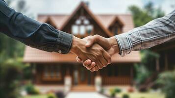 AI generated Close-up handshake in front of a new home, real estate agreement concept photo
