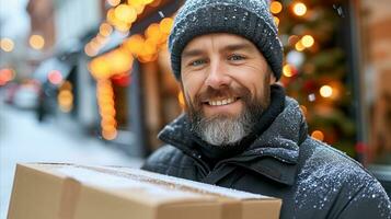 ai generado un hombre en un invierno sombrero y Saco participación un caja. generativo ai foto