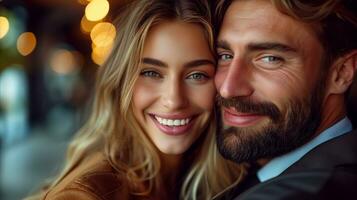 ai generado sonriente Pareja de cerca retrato con cálido, romántico bokeh luces foto