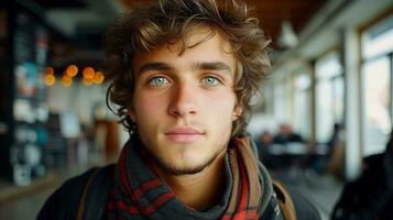 AI generated Close-up portrait of a young man with blue eyes in a cafe setting photo