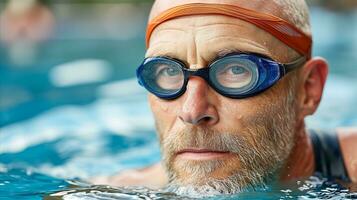 AI generated An older man swimming in head goggles. Generative AI photo