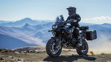 ai generado jinete en motocicleta en rocoso montaña la carretera con montaña puntos de vista. generativo ai foto