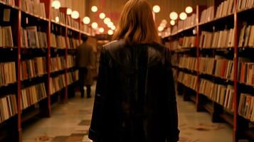 AI generated A woman in a black jacket walks through a library, surrounded by rows of books and shelves. photo