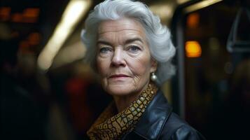 AI generated Elegant senior woman with grey hair and classy style in city photo