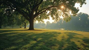 AI generated Serene sunrise in a lush green park with majestic trees and sun flares photo