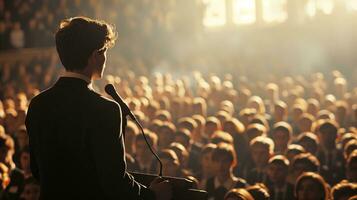 AI generated Confident speaker at podium addressing audience in auditorium photo