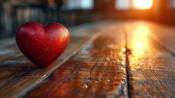 AI generated Red heart on a wood floor on a sunny day. photo