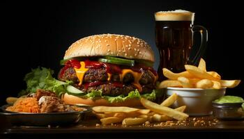 AI generated Grilled beef burger with cheese, fries, and refreshing drink generated by AI photo