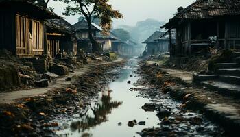 AI generated Ancient hut in rural landscape, surrounded by mountains and water generated by AI photo