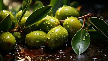 AI generated Fresh olive on wet leaf, nature healthy gourmet snack generated by AI photo