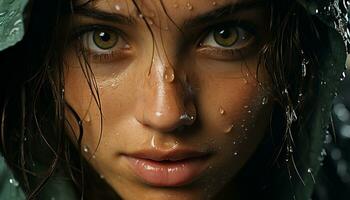 ai generado joven mujer con mojado pelo mirando a cámara en lluvia generado por ai foto