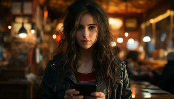 AI generated Young woman, outdoors at night, looking at phone, smiling confidently generated by AI photo