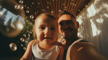 AI generated A smiling father and his child taking a selfie together. photo