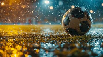 ai generado un fútbol pelota en un herboso campo en el lluvia. generativo ai foto