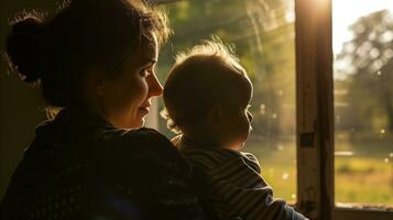 AI generated Mom and baby looking out of a window. Generative AI photo