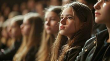 AI generated Row of teenagers sitting in front of a stage. Generative AI photo