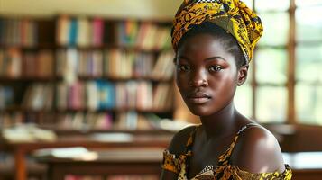 AI generated A young African woman in the library. Generative AI photo