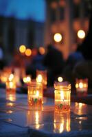 ai generado un mesa adornado con iluminado velas, creando un calentar y atractivo ambiente foto