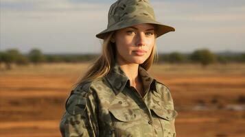 ai generado un mujer en uniforme soportes en el Desierto y se adapta a el ambiente. generativo ai foto