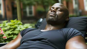 AI generated Peaceful african american man relaxing on outdoor lounger in summer photo