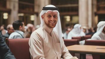 AI generated A man in traditional Arabic attire sitting in a conference room, ready for a meeting. photo