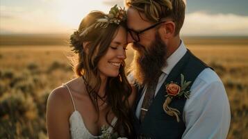 ai generado hermosa Boda Pareja abrazando en puesta de sol campo foto