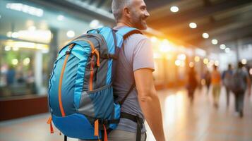 AI generated A traveler with a backpack strolling through an airport, ready for his next adventure. photo