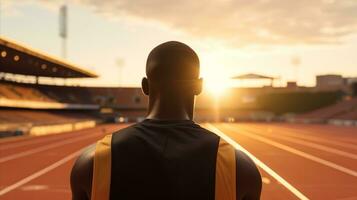 ai generado un atleta en pie Listo a competir en el estadio a puesta de sol. foto