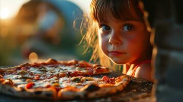 AI generated Little girl gazing at homemade pizza during golden hour photo