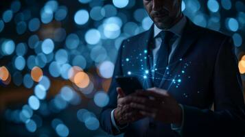 AI generated A businessman in a suit holds a smartphone displaying network dots, indicating connectivity and communication. photo