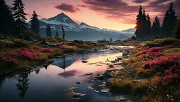 AI generated Majestic mountain peak reflects in tranquil pond at sunset generated by AI photo