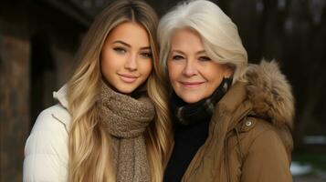 ai generado un más viejo mujer y un mas joven mujer sonriente y posando juntos para un fotografía. generativo ai foto