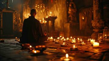 AI generated Monk meditating in a candlelit temple with a serene ambience photo