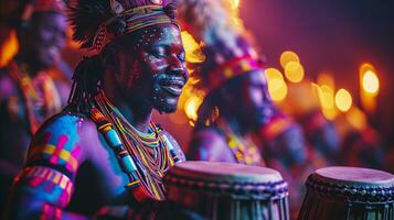 ai generado tradicional africano bateristas ejecutando a noche con vibrante cuerpo pintar foto