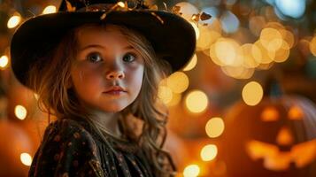 AI generated Enchanting little girl in witch costume celebrating halloween with pumpkins and twinkling lights photo