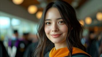 AI generated Smiling young woman at graduation ceremony with blurred background photo