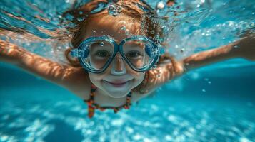 ai generado un joven niña nada felizmente en el piscina. generativo ai foto