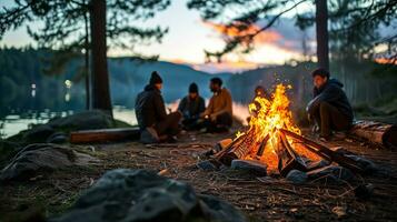 ai generado un grupo de amigos reunido alrededor un hoguera en el bosque. generativo ai foto