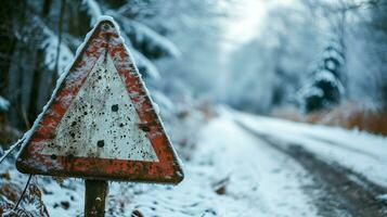 ai generado un advertencia firmar indicando precaución adelante en un Nevado la carretera. generativo ai foto